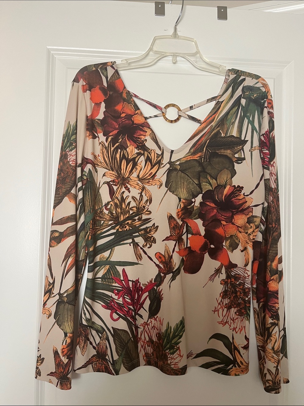 Tropical Floral V-Neck Long Sleeve Top with Back Ring Detail - Beige Floral